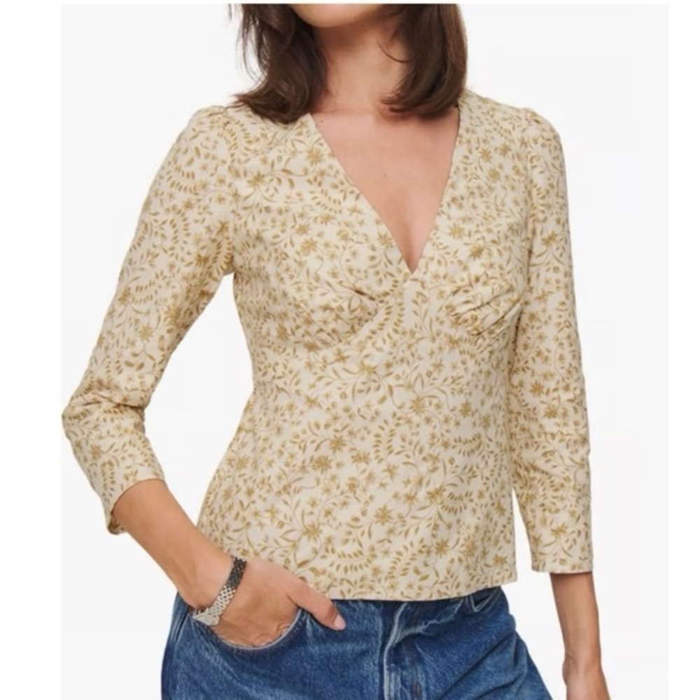 Reformation‎ Marisa Tie Back Top Tan Beige Floral Organic Cotton V Neck Size 2